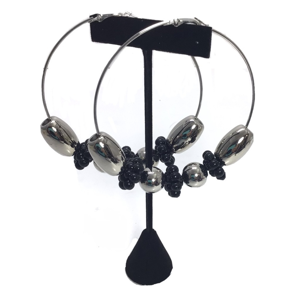 Large Silver Black Beaded Statement Hoop Earrings